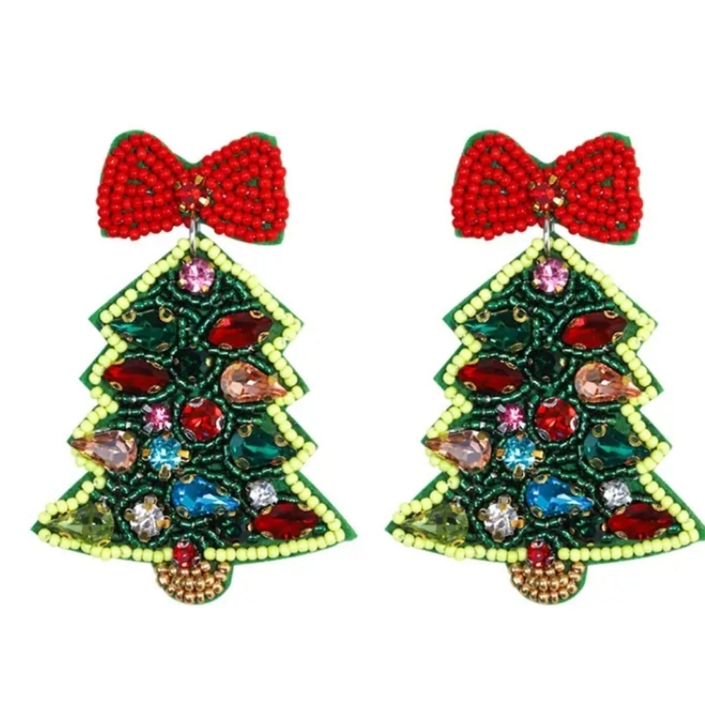 🆕️ Handcrafted Festive Christmas Tree Earrings with Red Bow